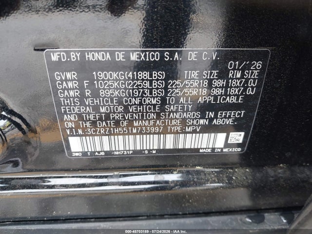 Aukcja sprzedaży 2026 Honda Hr-v 2wd Sport, vin: 3CZRZ1H55TM733997, numer aukcji: 45703189