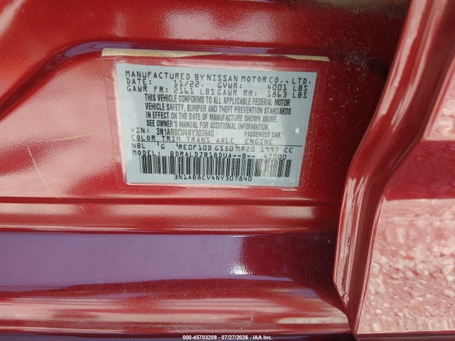 Aukcja sprzedaży 2022 Nissan Sentra Sv Xtronic Cvt, vin: 3N1AB8CV4NY307840, numer aukcji: 45703209