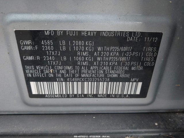 Aukcja sprzedaży 2013 Subaru Outback 2.5i Limited, vin: 4S4BRCKC2D3255238, numer aukcji: 45703212