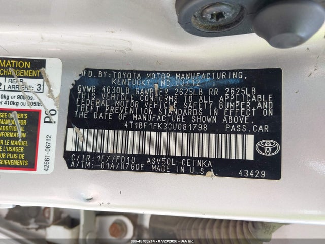 2012 Toyota Camry Le მანქანა იყიდება აუქციონზე, vin: 4T1BF1FK3CU081798, აუქციონის ნომერი: 45703214
