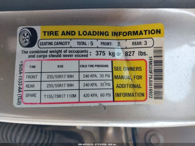 2018 Ford Escape S მანქანა იყიდება აუქციონზე, vin: 1FMCU0F79JUA16922, აუქციონის ნომერი: 45703218