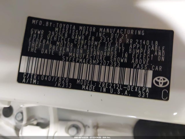 45703225 :رقم المزاد ، 5YFEPMAE6MP207393 vin ، 2021 Toyota Corolla Le مزاد بيع