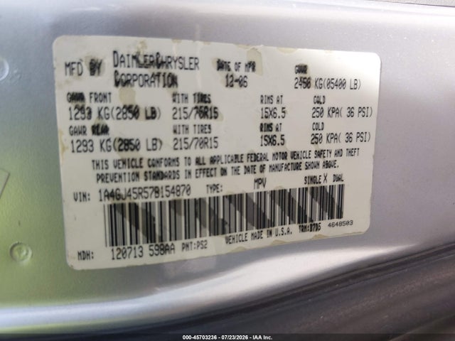 45703236 :رقم المزاد ، 1A4GJ45R57B154870 vin ، 2007 Chrysler Town & Country مزاد بيع