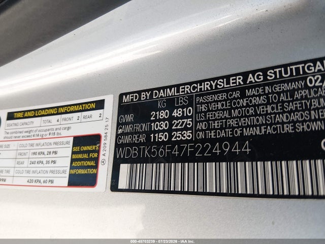 Продаж на аукціоні авто 2007 Mercedes-benz Clk 350, vin: WDBTK56F47F224944, номер лоту: 45703239