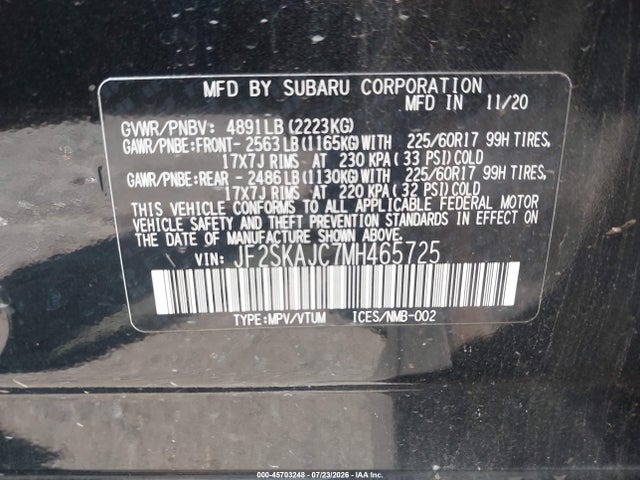 45703248 :رقم المزاد ، JF2SKAJC7MH465725 vin ، 2021 Subaru Forester Premium مزاد بيع