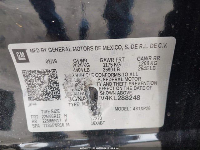 45703259 :رقم المزاد ، 3GNAXHEV4KL288248 vin ، 2019 Chevrolet Equinox Ls مزاد بيع