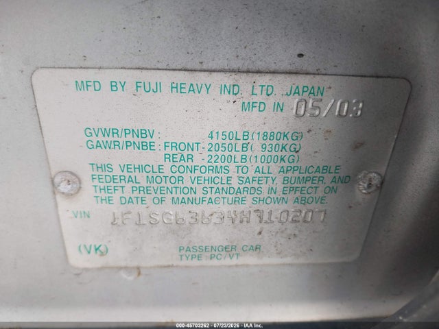 Aukcja sprzedaży 2004 Subaru Forester 2.5x, vin: JF1SG63634H710207, numer aukcji: 45703262