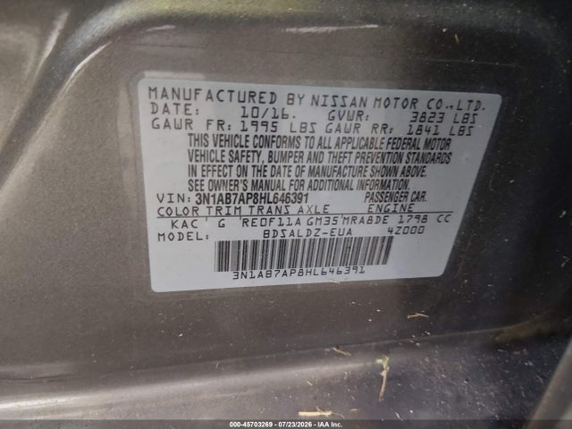 Продаж на аукціоні авто 2017 Nissan Sentra Sv, vin: 3N1AB7AP8HL646391, номер лоту: 45703269