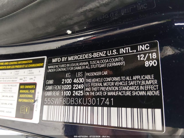 45703284 :رقم المزاد ، 55SWF8DB3KU301741 vin ، 2019 Mercedes-benz C 300 مزاد بيع