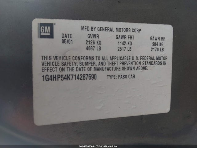 Aukcja sprzedaży 2001 Buick Lesabre Custom, vin: 1G4HP54K714287690, numer aukcji: 45703309