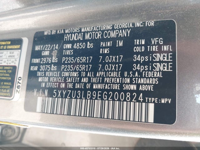 Aukcja sprzedaży 2014 Hyundai Santa Fe Sport 2.4l, vin: 5XYZU3LB9EG200824, numer aukcji: 45703310