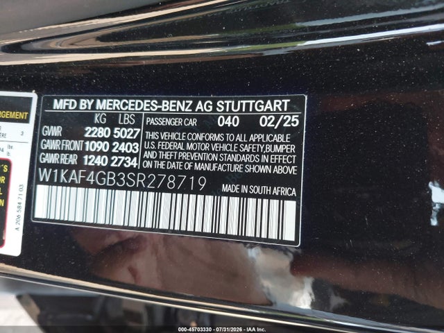 Продажа на аукционе авто 2025 Mercedes-benz C 300, vin: W1KAF4GB3SR278719, номер лота: 45703330