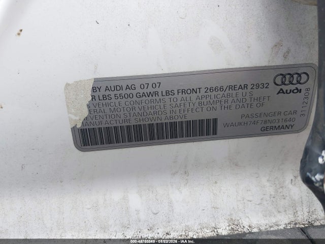 Aukcja sprzedaży 2008 Audi A6 3.2 Avant, vin: WAUKH74F78N031640, numer aukcji: 45703343