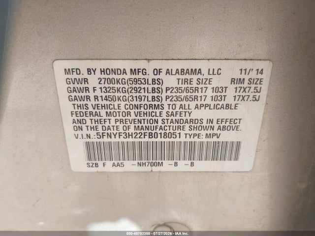 Продаж на аукціоні авто 2015 Honda Pilot Lx, vin: 5FNYF3H22FB018051, номер лоту: 45703358