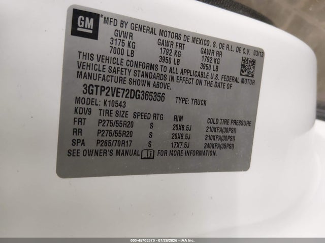 2013 Gmc Sierra 1500 Sle მანქანა იყიდება აუქციონზე, vin: 3GTP2VE72DG365356, აუქციონის ნომერი: 45703370