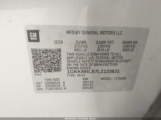 45703372 :رقم المزاد ، 1GKKNRLS7LZ133631 vin ، 2020 Gmc Acadia Fwd Sle مزاد بيع