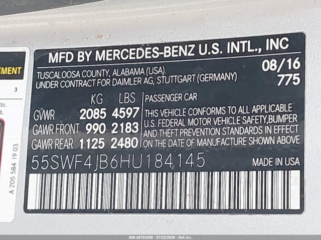 Продаж на аукціоні авто 2017 Mercedes-benz C 300, vin: 55SWF4JB6HU184145, номер лоту: 45703380