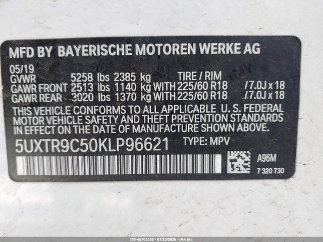 Aukcja sprzedaży 2019 Bmw X3 Xdrive30i, vin: 5UXTR9C50KLP96621, numer aukcji: 45703390