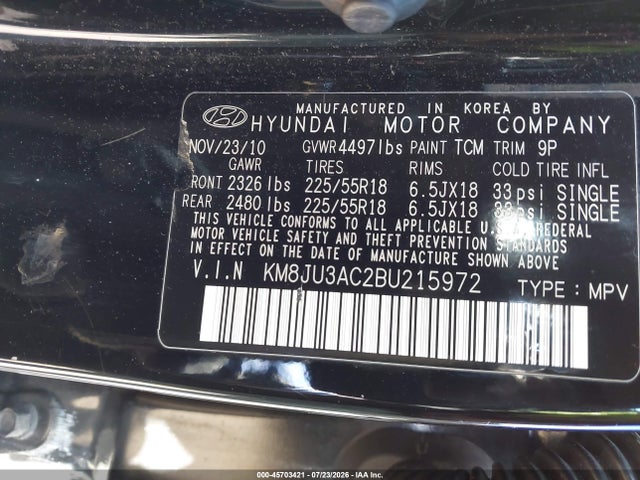 2011 Hyundai Tucson Limited მანქანა იყიდება აუქციონზე, vin: KM8JU3AC2BU215972, აუქციონის ნომერი: 45703421