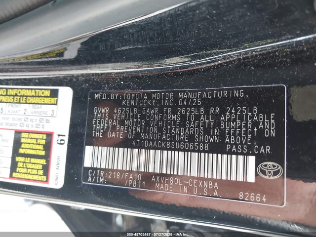 2025 Toyota Camry Le მანქანა იყიდება აუქციონზე, vin: 4T1DAACK8SU606588, აუქციონის ნომერი: 45703467