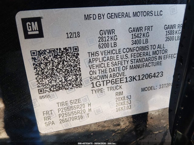 45703475 :رقم المزاد ، 1GTP6EE13K1206423 vin ، 2019 Gmc Canyon Denali مزاد بيع