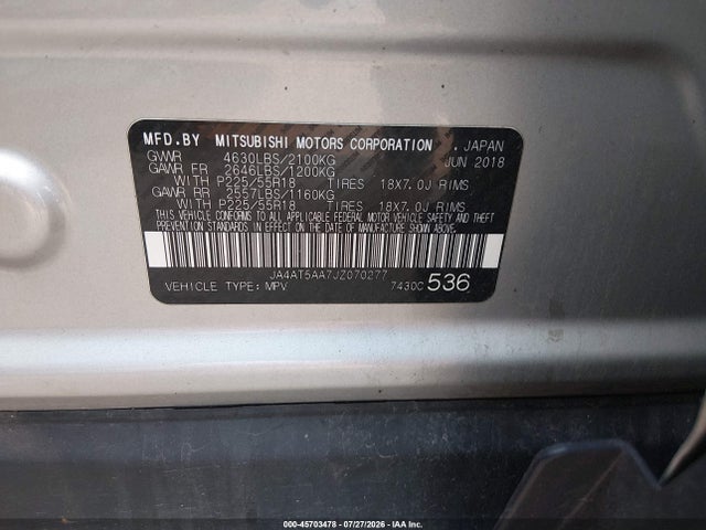 Aukcja sprzedaży 2018 Mitsubishi Eclipse Cross Se/sel, vin: JA4AT5AA7JZ070277, numer aukcji: 45703478