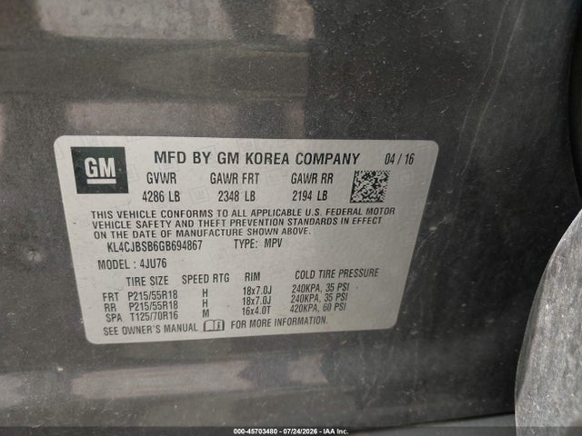 Auction sale of the 2016 Buick Encore Convenience, vin: KL4CJBSB6GB694867, lot number: 45703480