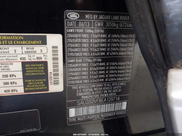 Продаж на аукціоні авто 2014 Land Rover Range Rover 3.0l V6 Supercharged Hse, vin: SALGS2VF8EA129714, номер лоту: 45703497