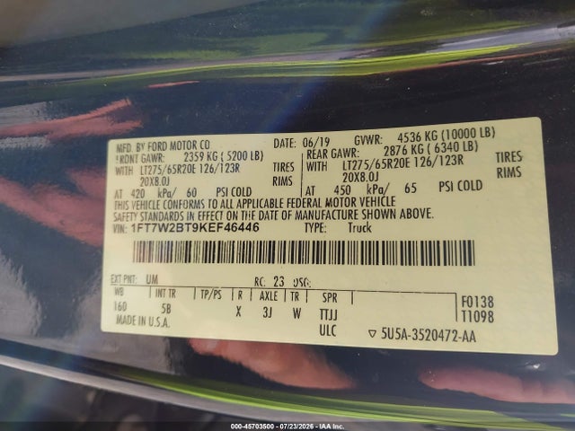 Продажа на аукционе авто 2019 Ford F-250 Lariat, vin: 1FT7W2BT9KEF46446, номер лота: 45703500