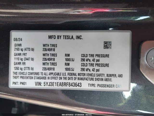5YJ3E1EA8RF843643 Tesla Model 3 Long Range Dual Motor All-wheel Drive/rear-wheel Drive