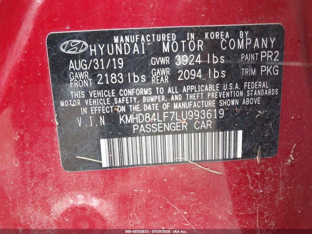 2020 Hyundai Elantra Sel მანქანა იყიდება აუქციონზე, vin: KMHD84LF7LU993619, აუქციონის ნომერი: 45703533