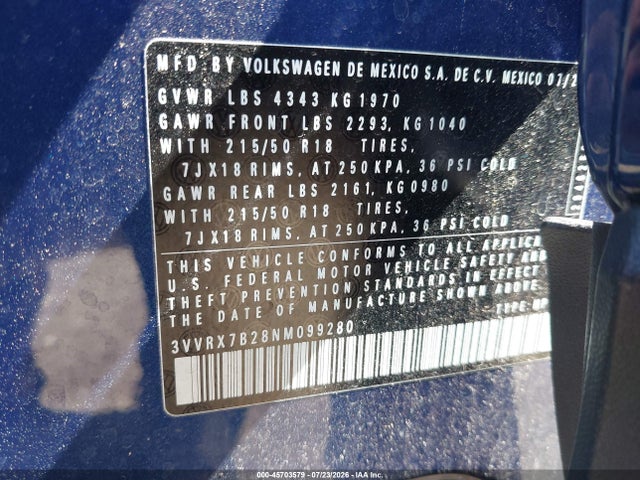 45703579 :رقم المزاد ، 3VVRX7B28NM099280 vin ، 2022 Volkswagen Taos 1.5t Se مزاد بيع