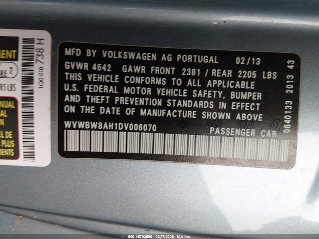 Aukcja sprzedaży 2013 Volkswagen Eos Komfort, vin: WVWBW8AH1DV006070, numer aukcji: 45703590