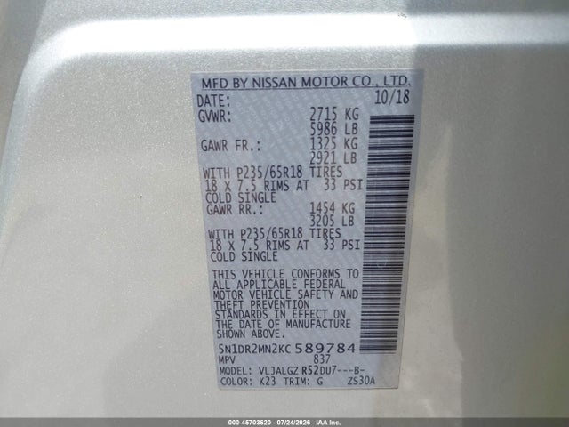 Продаж на аукціоні авто 2019 Nissan Pathfinder Sl, vin: 5N1DR2MN2KC589784, номер лоту: 45703620