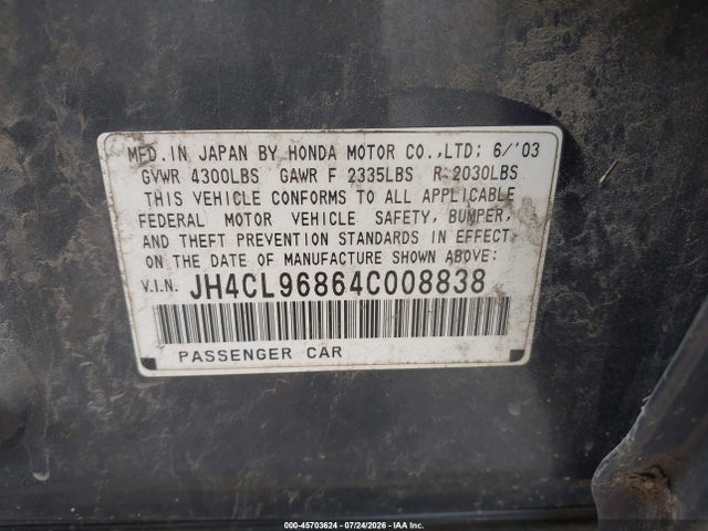 2004 Acura Tsx მანქანა იყიდება აუქციონზე, vin: JH4CL96864C008838, აუქციონის ნომერი: 45703624