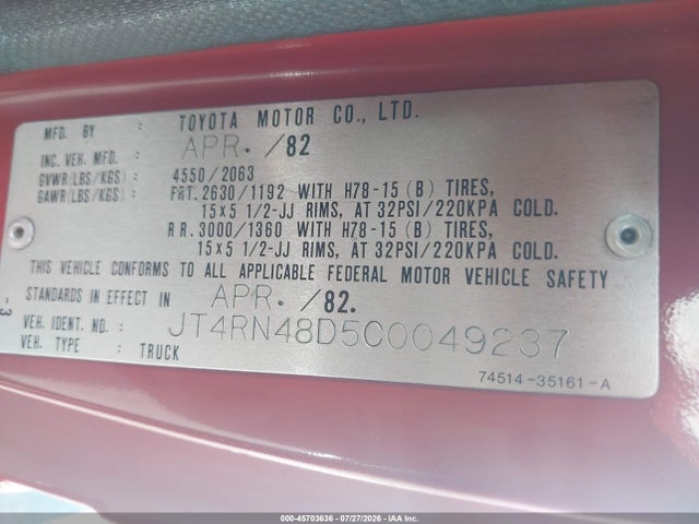 Aukcja sprzedaży 1982 Toyota Pickup Rn48, vin: JT4RN48D5C0049237, numer aukcji: 45703636