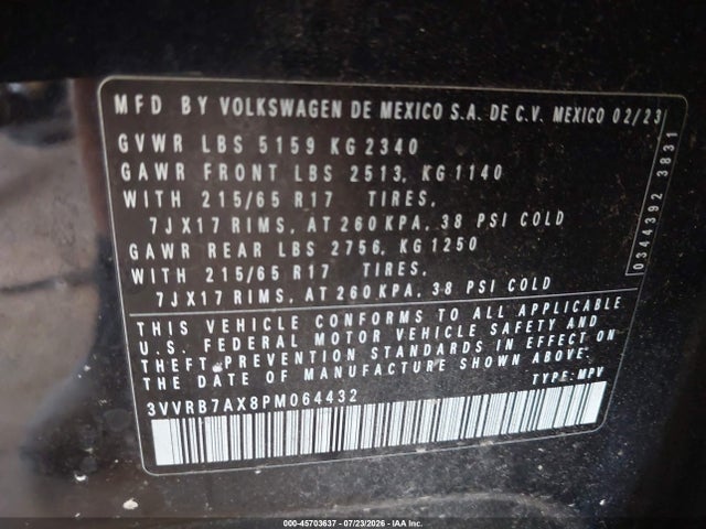 2023 Volkswagen Tiguan 2.0t S მანქანა იყიდება აუქციონზე, vin: 3VVRB7AX8PM064432, აუქციონის ნომერი: 45703637