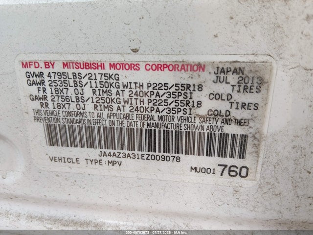 45703673 :رقم المزاد ، JA4AZ3A31EZ009078 vin ، 2014 Mitsubishi Outlander Se مزاد بيع