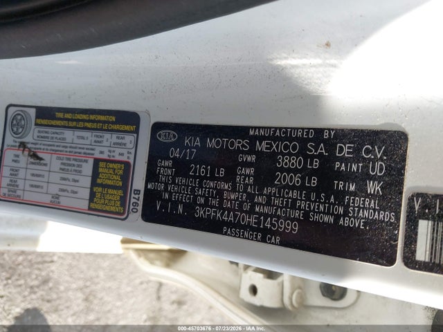 2017 Kia Forte Lx მანქანა იყიდება აუქციონზე, vin: 3KPFK4A70HE145999, აუქციონის ნომერი: 45703676