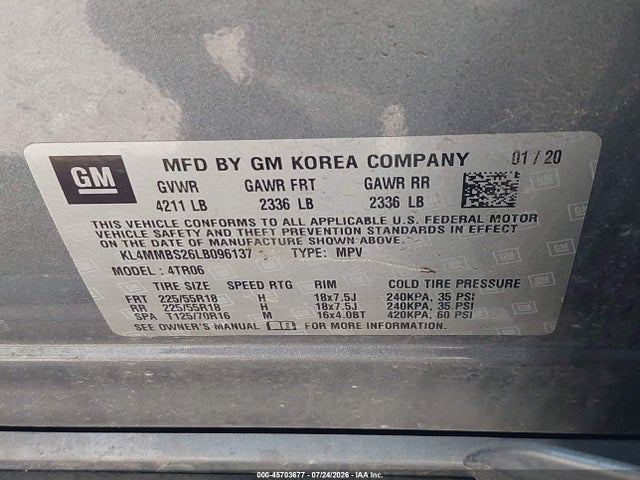 45703677 :رقم المزاد ، KL4MMBS26LB096137 vin ، 2020 Buick Encore Gx Fwd Preferred مزاد بيع