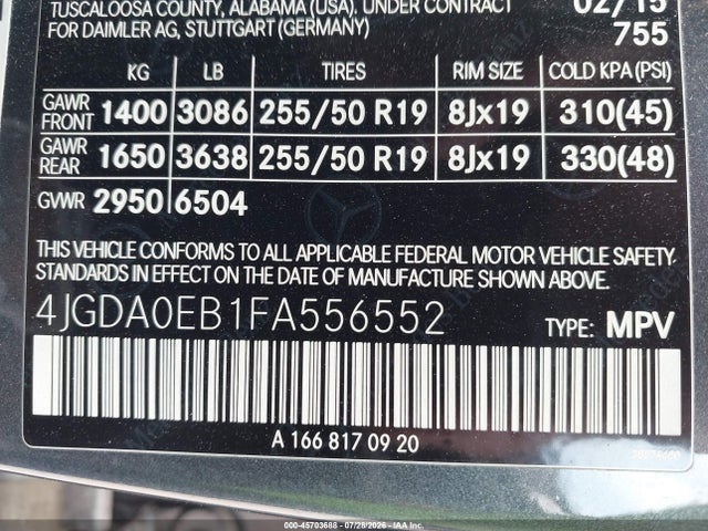 45703688 :رقم المزاد ، 4JGDA0EB1FA556552 vin ، 2015 Mercedes-benz Ml 250 Bluetec 4matic مزاد بيع