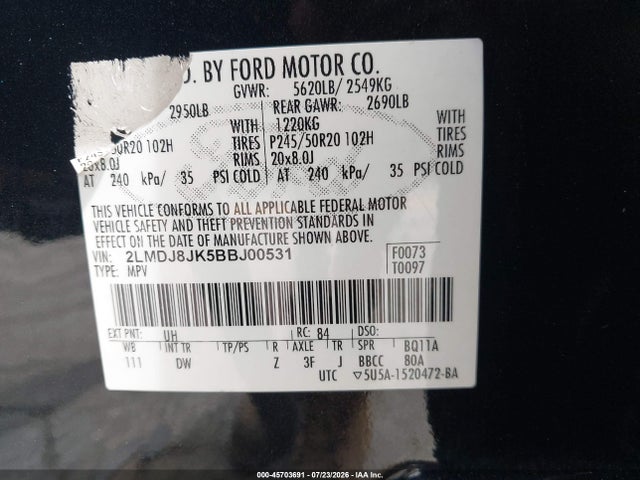 Aukcja sprzedaży 2011 Lincoln Mkx, vin: 2LMDJ8JK5BBJ00531, numer aukcji: 45703691