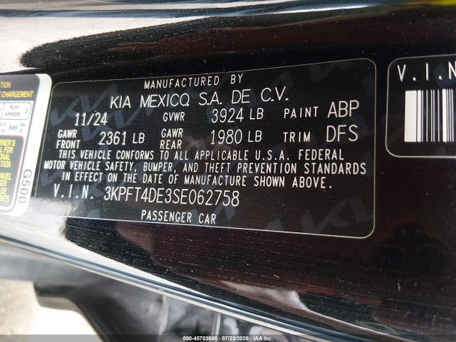 Aukcja sprzedaży 2025 Kia K4 Lxs, vin: 3KPFT4DE3SE062758, numer aukcji: 45703695