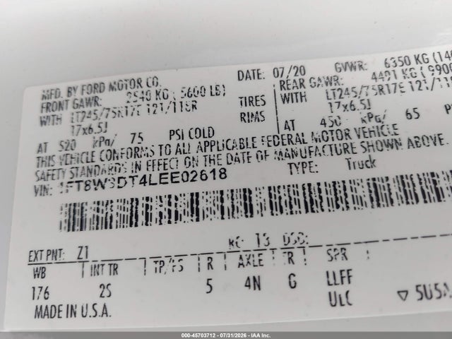 Продаж на аукціоні авто 2020 Ford F-350 Xlt, vin: 1FT8W3DT4LEE02618, номер лоту: 45703712