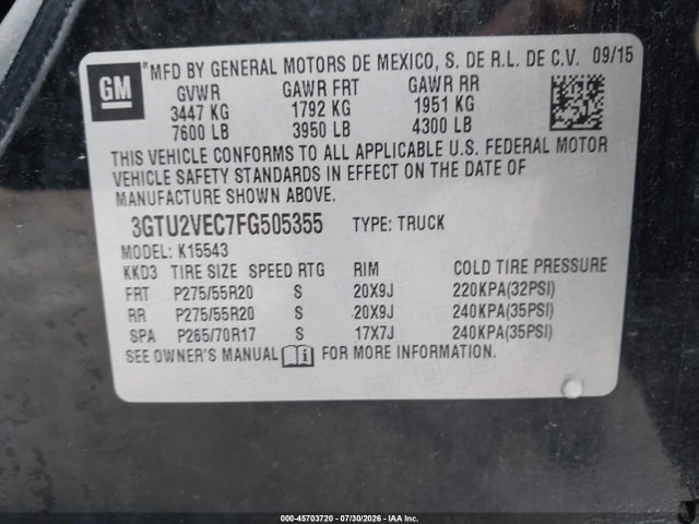 Продаж на аукціоні авто 2015 Gmc Sierra 1500 Slt, vin: 3GTU2VEC7FG505355, номер лоту: 45703720