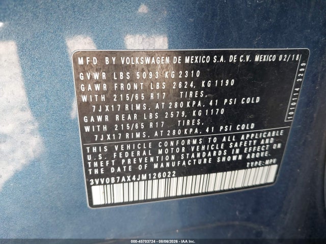 Aukcja sprzedaży 2018 Volkswagen Tiguan 2.0t S, vin: 3VV0B7AX4JM126022, numer aukcji: 45703724
