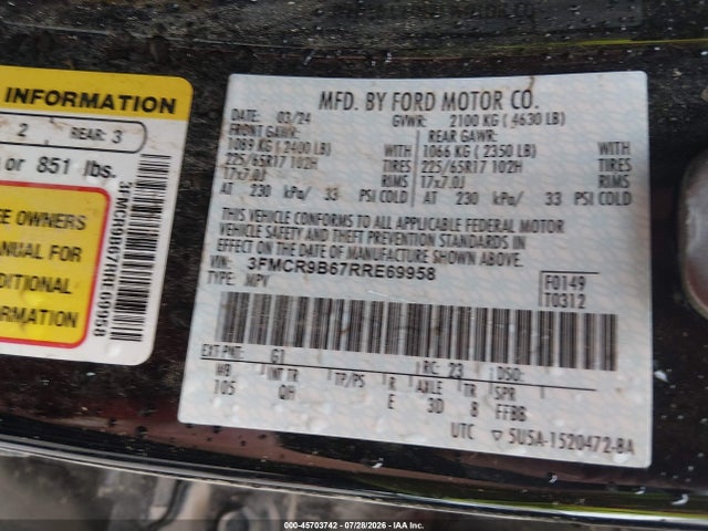 Продажа на аукционе авто 2024 Ford Bronco Sport Big Bend, vin: 3FMCR9B67RRE69958, номер лота: 45703742