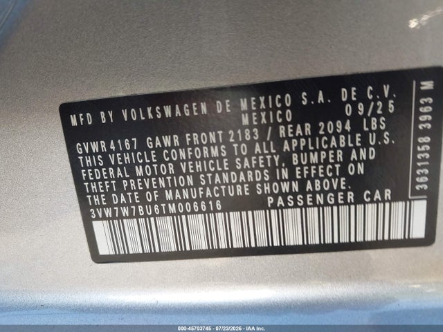 2026 Volkswagen Jetta Se მანქანა იყიდება აუქციონზე, vin: 3VW7W7BU6TM006616, აუქციონის ნომერი: 45703745