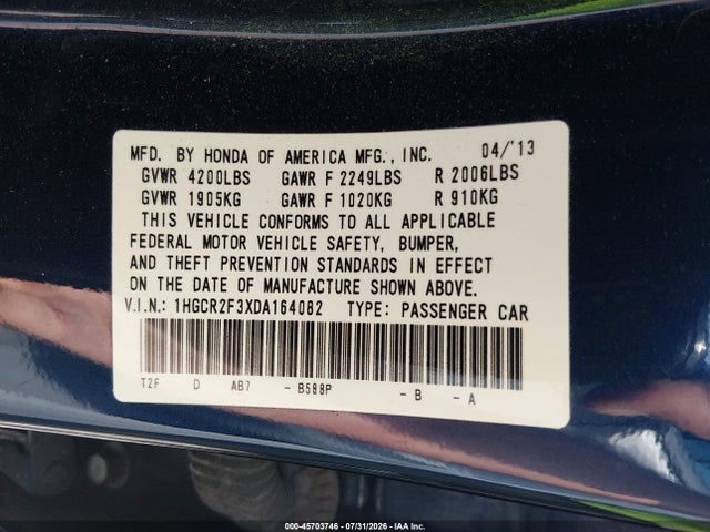 45703746 :رقم المزاد ، 1HGCR2F3XDA164082 vin ، 2013 Honda Accord Lx مزاد بيع
