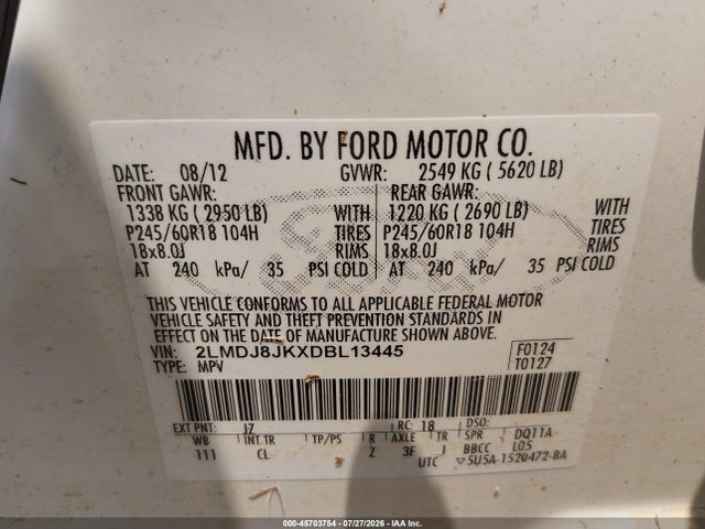 45703754 :رقم المزاد ، 2LMDJ8JKXDBL13445 vin ، 2013 Lincoln Mkx مزاد بيع